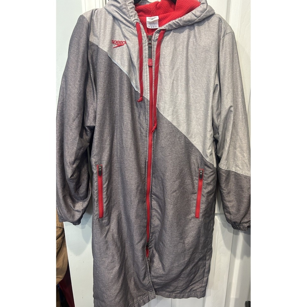 Speedo Gorpcore Sporty Fleece Lined Swim Parka Jacket Small Grey Red Athleisure